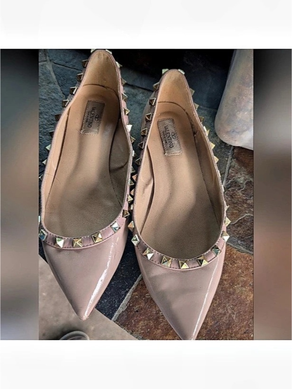 Valentino Garavani Beige Rockstud Pointed Toe Ballerina Flat